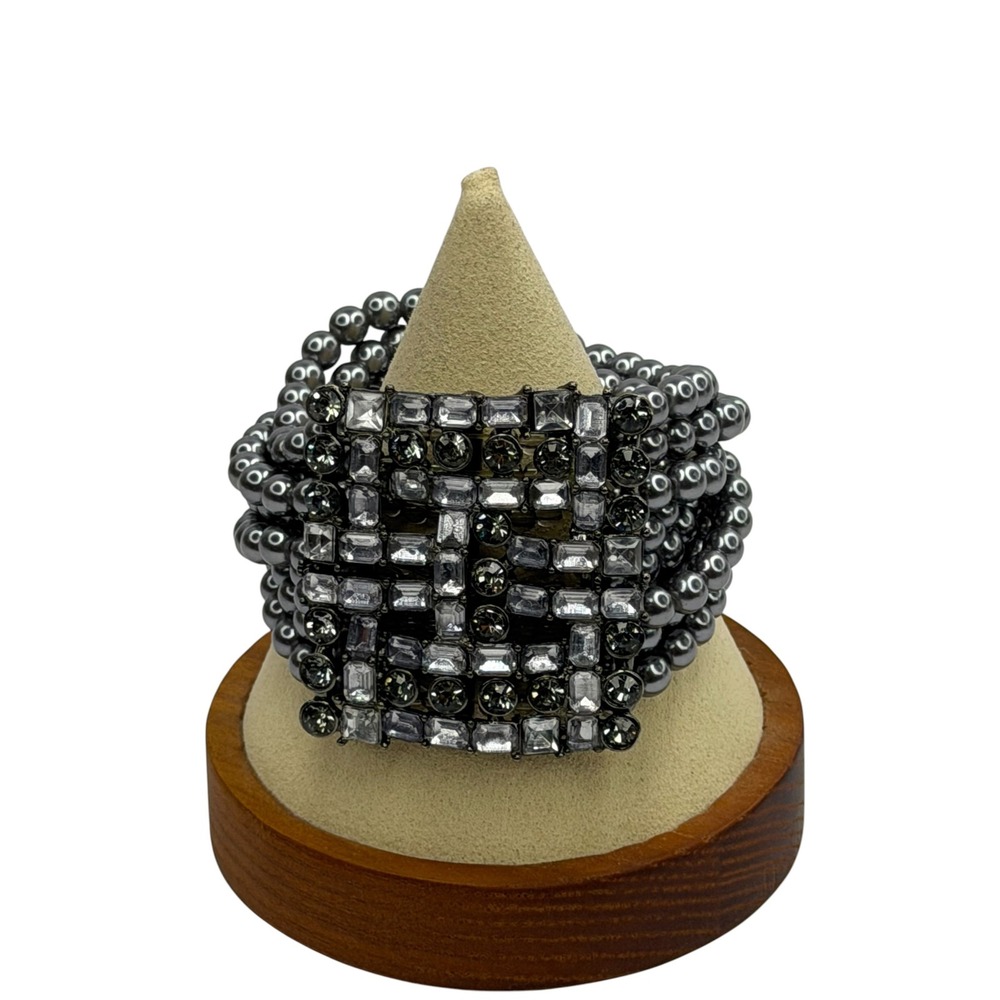 Gunmetal Grey Multi Strand Faux Pearl Rhinestone Statement Stretch Bracelet Goth